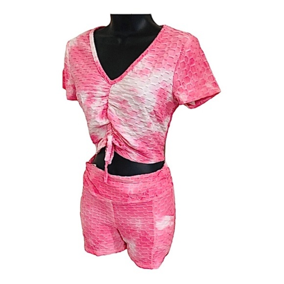 2 piece pink white v-neck printed crop top & booty shaping shorts set - Picture 1 of 15